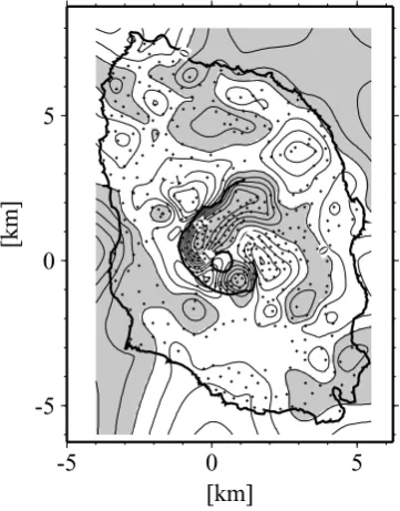 Fig. 5.Observed gravity anomaly data.Contour interval is 0.5 mgal.Shaded and white areas correspond to positive and negative anomalies,respectively.