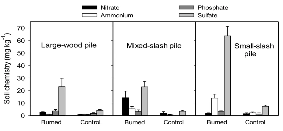 Figure 5.  Comparison of soil nitrate, ammonium, phosphate, and sulfate concentrations between burned and control samples (0 cm to 10 cm depth) for large-wood, mixed-slash, and small-slash piles.