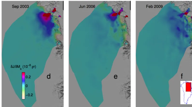 Figure 4. Gradient of the surface velocity cost function (spatio-temporal average of the misﬁt between a 5-year time series of observedsurface velocities and the modeled surface velocity) with respect to the basal drag coefﬁcient (in yr1/2 m−5/2)