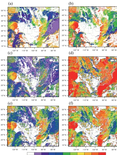 Figure 7. The cloud top pressure (left panels) fromcloud bottom pressure (right panels) from (a) the NASA GOES retrieval, (c) the MMR method and (e) the APF method, and the (b) the NASA GOES retrieval, (d) the MMR method and (f) the APF method valid at 07:00 UTC,15 December 2013.