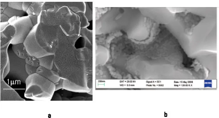 Figure 4 Infiltrated LSCM microstructures showing morphology change in differing atmospheres a)  from fairly continuous in oxidising (calcination in air at 1200 ˚C) to b) distinct nanoscale grains in reducing atmosphere (5 hours in humidified H2 (3% water)