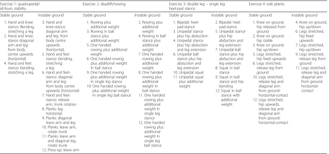 Table 1 Interventional exercises details. For each exercise, level (1–12), surface (stable/instable) and description are provided