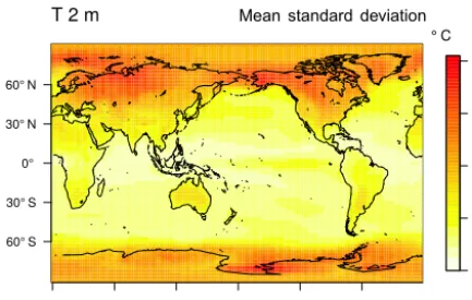 Figure 1. Map of the common normalisation factor. Shown is themean standard deviation of 2 m temperature (◦C) across all the datasets.