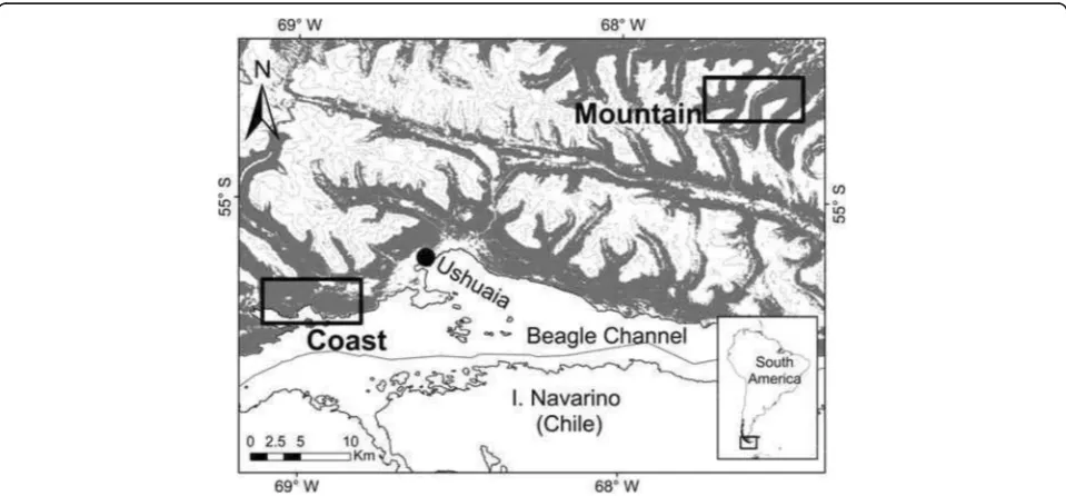 Fig. 1 Location of study area in south-west Argentinean Tierra del Fuego. Rectangles indicate sampling locations: on the coast of the BeagleChannel (54°50'29"S and 68°31'54"W) and on the Andean Mountains region (54°41'05"S and 67°48'10"W)