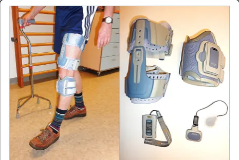 Fig. 2 The functional electrical stimulation device including twocuffs, a foot switch, and a control unit