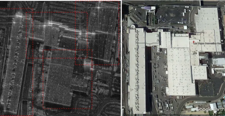 Fig. 13. (Left) TerraSAR-X test image of the Las Vegas Convention Center. Since the building structure is complex and its spatial area is large (800 × 850 pixels), we separately process the four parts of the whole InSAR phase stack as cropped with the red 