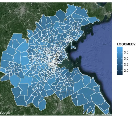 Figure 3: Display of the Boston housing data set using ggmap and Google Maps.