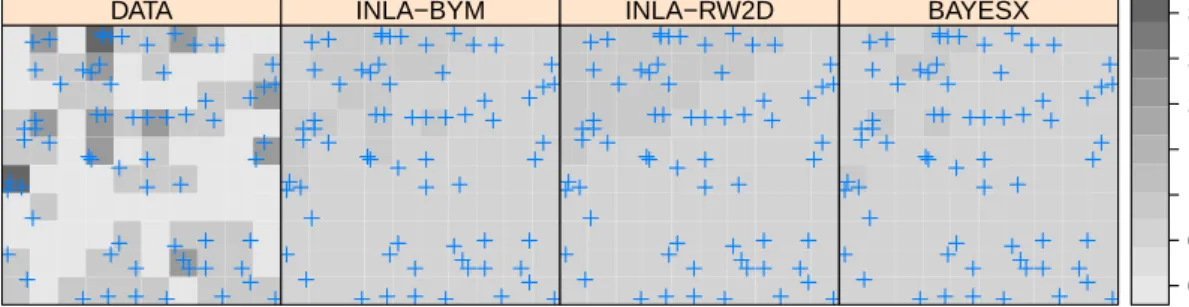 Figure 6: Estimation of the intensity of a point pattern with R-INLA and BayesX, Japanese black pine dataset.