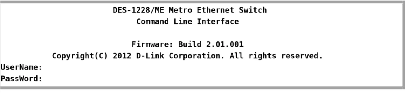 Figure 2 - 1.  Initial Console Screen after logging in  Commands are entered at the command prompt, DES-1228/ME:5#