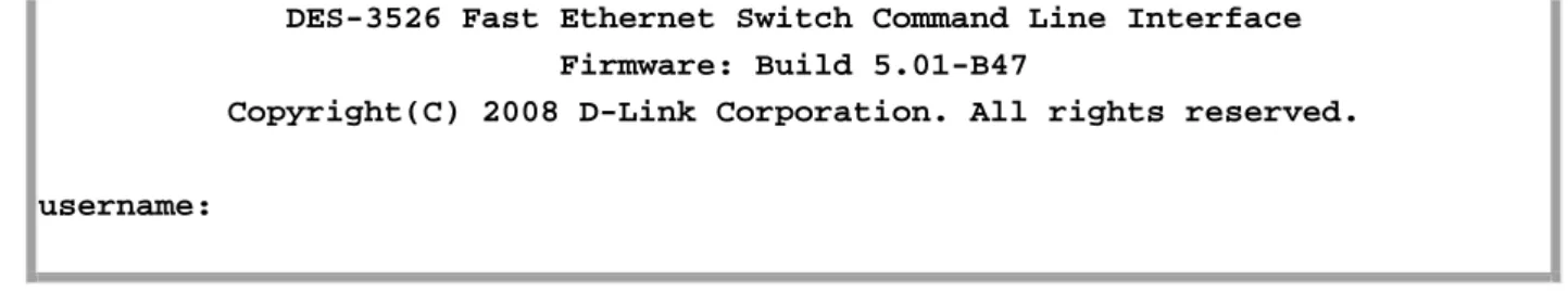 Figure 2-1.  Initial Console Screen after logging in  Commands are entered at the command prompt, DES-3526:admin#