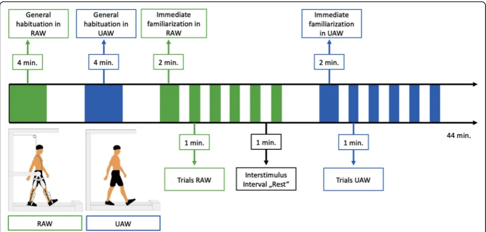 Fig. 2 Study design and schematic illustration of unassisted walking (UAW) and robot-assisted walking (RAW)