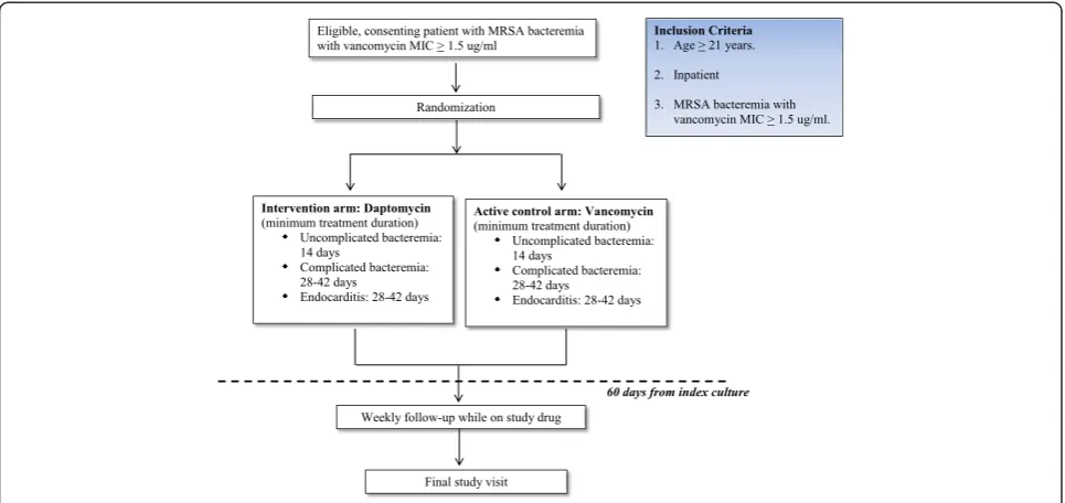 Figure 1 Study schematic. Vancomycin will be dosed intravenously at 15 mg/kg Q12h with appropriate dose adjustments by a pharmacist inpatients with a creatinine clearance of less than 50 ml/min