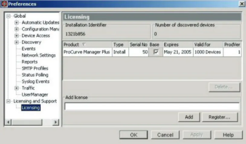 Figure 3. ProCurve License Administration window
