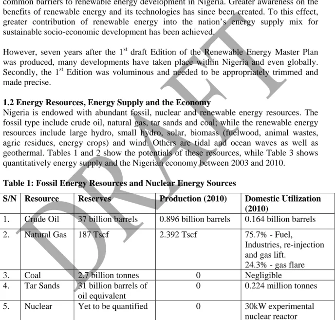 Table 1: Fossil Energy Resources and Nuclear Energy Sources 