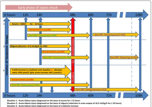 Figure 1 Flow chart of the study groups. The timing of diagnosis, randomization and initiation of renal replacement therapy in the early anddelayed groups, according to the method used to diagnosis acute kidney injury, are shown.