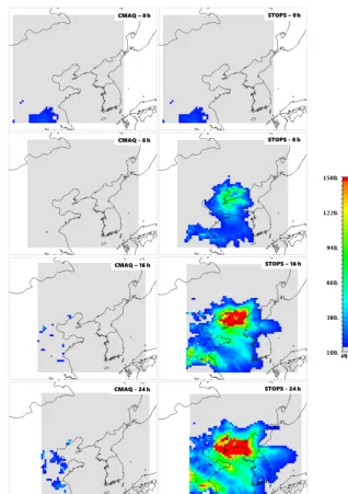 Figure 10. Horizontal distributions of standard CMAQ- and STOPS_E24-simulated surface PM10 concentrations inside the STOPS domain.The concentrations were recorded at 8 h intervals after the beginning of the simulation (11:00 LST on 22 February 2015).
