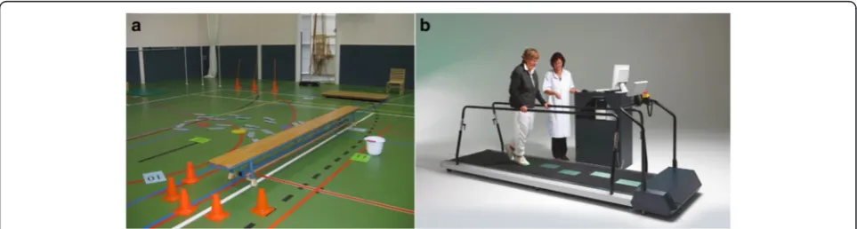 Fig. 1 Snapshots of the two interventions aimed at improving walking speed and walking adaptability: (a) obstacle course of the overgroundFALLS program; (b) targeted-stepping exercise of treadmill-based C-Mill therapy