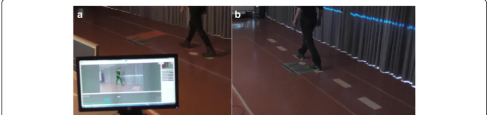 Fig. 6 Walking adaptability assessments using the Interactive Walkway: (a) avoidance of suddenly appearing obstacles and (b) walking to asequence of stepping targets, both presented on the walking surface in a gait-dependent manner