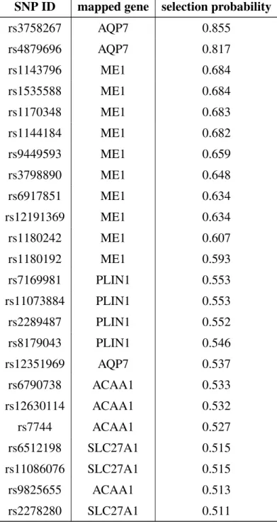 Table 2.1: GGGL GWAs application: List of selected SNPs and mapped genes by GGGL-1