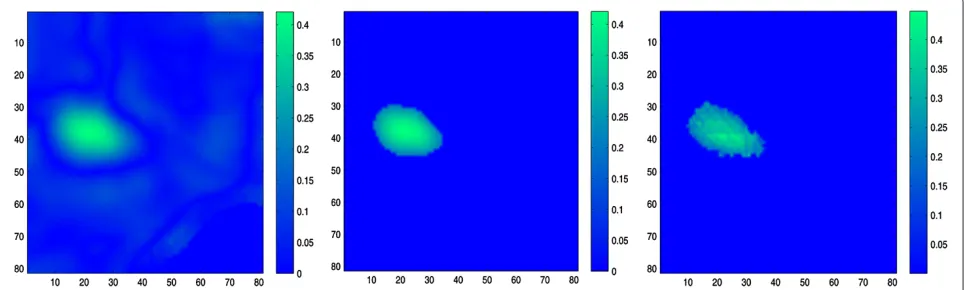 Figure 11 Compressive sensing acquisition of the Zonal Current data.thresholded field sensedmeasurements obtained by the Radon-like approach for Zonal Current field sensed at Monterey Bay on October 10, 2012 (left), (t = 0.2) (center), and reconstructed thresholded field sensed obtained by running the CoSaMP algorithm over the CS P = 3, M = 323, t = 0.2 (right).