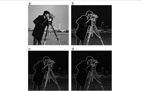 Figure 3 Morphological gradients of cameraman test image. (a) Original image, (f); (b) morphological gradient, (Gm(f)); (c) external gradient,(Ge(f)) and (d) internal gradient, (Gi(f)).