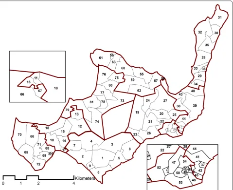 Fig. 3 Rusinga Island with 81 project clusters, each containing 50–51 households, numbered consecutively in the order in which the SMoTS wereinstalled