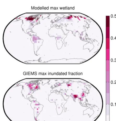 Figure 12. Mean seasonal global wetland extent over the time inter-val 1993–2007 as modelled by PALADYN and inferred by GIEMS(Prigent et al., 2007; Papa et al., 2010).
