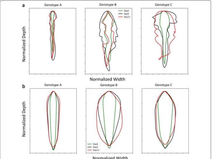 Fig. 7  a Mean boundary based on five harmonic Fourier descriptors of genotypes A (PI 417,138) (left), B (PI 643,146) (middle), and C (PI 479718B)  (right) at 6 days (green), 9 days (black), 12 days (red)
