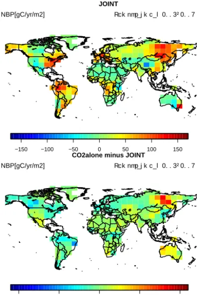 Figure 6. Temporally averaged NBP of the JOINT assimilation, andthe difference between the CO2alone and JOINT experiments.