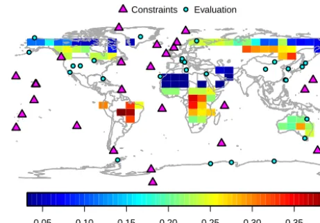 Figure 1. Location of the CO2 observations (for constraining themodel and for evaluation) and the temporal median of the TIP-FAPAR uncertainties (given with the colour scale) in each pixel act-ing as a constraint.