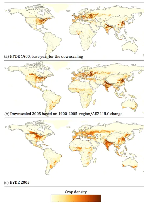 Figure 5. Cropland distribution obtained when downscaling re-gion/AEZ scale land use change from 1900 to 2005 under the basicconﬁguration.