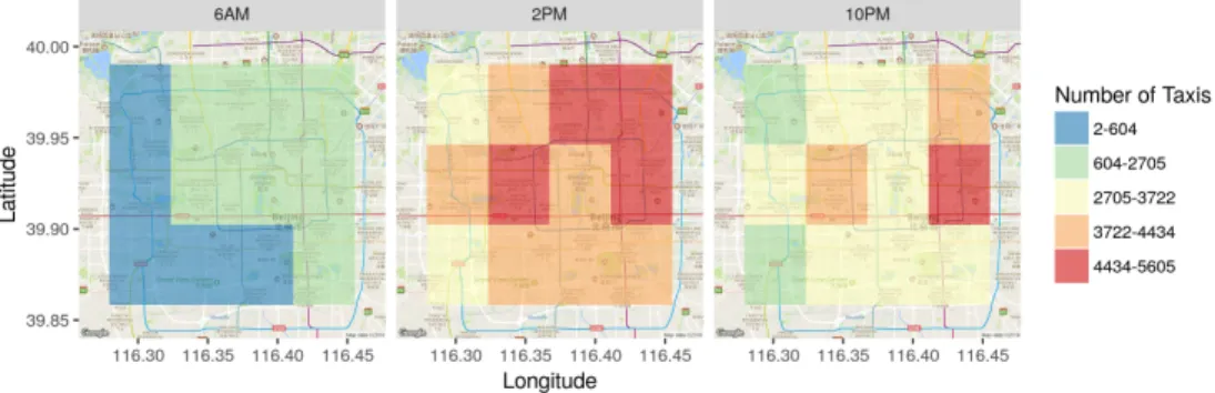 Figure 2.7: Changes in spatial distribution of taxi data over different hours of the day in the City of Beijing.