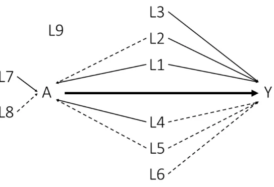 Figure 1. Causal diagram. Solid lines corresponded to a strong association (OR=6.0) and dashed lines to a moderate one (OR=1.5).