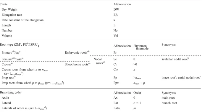 Table 2 Proposed nomenclature and abbreviations. Root types can be referred to, either by means of a combination of abbreviated trait names, root types and branching orders or by counting the phytomers