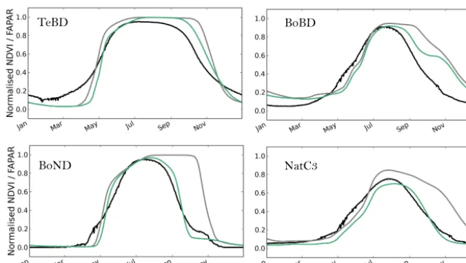 Figure 4. Mean seasonal cycle (2000–2008) of the normalized modeled FAPAR before and after optimization, compared to that ofthe MODIS NDVI data, for the temperate and boreal deciduous PFTs (TeBD, BoBD, BoND and NatC3)