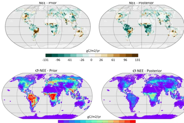 Figure 11. Simulated annual net carbon exchange (NEE) for the land ecosystems prior to any optimization (left column) and after step 3 ofthe optimization process (right column)