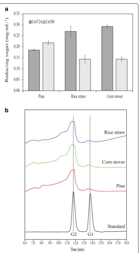 Fig. 3 Comparison of enzymatic hydrolysis on the HPAC‑pretreated sugars were analyzed by HPLC following enzymatic hydrolysis with purified pine, corn stover, and rice straw