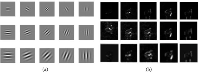 Figure 6. Gabor feature extraction result. (a) Gabor nucleus with different scales in dif-ferent directions; (b) Gabor feature result of different scales in different directions