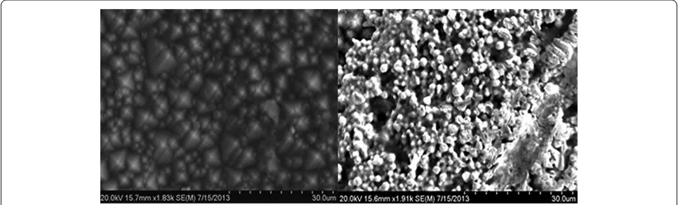 Figure 4 Scanning Electron Micrographs (SEM) of silicon PV surface. Left imaged shows a regular monocrystal surface and Right image aporous silicon surface.