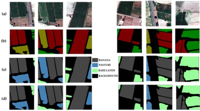 Figure 8. Visual segmentation results on testing set which consist of input ground true image (a), label data (b), crops extraction result from data fusion RGB (c) and crops 