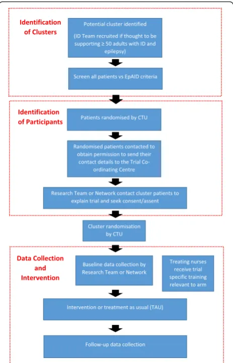 Fig. 3 SPIRIT EpAID trial process flow diagram. Flow diagramdescribing the order in which cluster and participant recruitment,cluster randomisation, data collection and intervention processes ateach research cluster took place