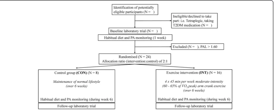 Fig. 1 Study flow diagram (Abbreviations:T2DM CON control group, INT exercise intervention group, PA physical activity, PAL physical activity level, type-2 diabetes mellitus, V̇O2 peak peak oxygen uptake)