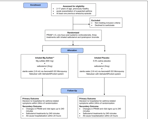 Fig. 1 Flow diagram of participant study flow. The intervention consists of two treatment arms with solutions of identical osmolarity consisting ofinhaled salbutamol with Mg sulfate (experimental arm) and with equivalent saline placebo (control arm)