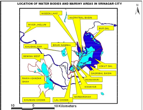 Figure 5. Location of water badies and marshy areas in srinagay city. 