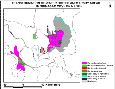 Figure 6. Location of water badies and marshy areas in srinagay city (1971-2008). 