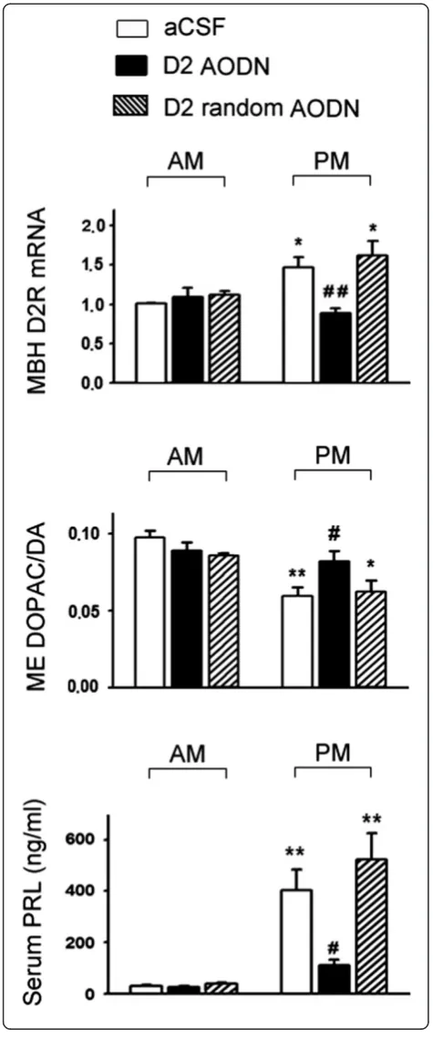 Figure 7 Effects of antisense oligodeoxynucleotides (AODN) orrats for MBH DME DOPAC/DA (middle) and serum PRL (lower) levels both in themorning and afternoon in OVX+Erandom AODN (10 μg/3 μl, icv) pretreatment against D2RmRNA for 2 days on MBH D2R mRNA rati