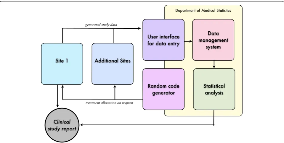 Figure 1 Data management and randomization process. Study data generation at the study sites is clearly separated from data storage,processing and statistical analysis.