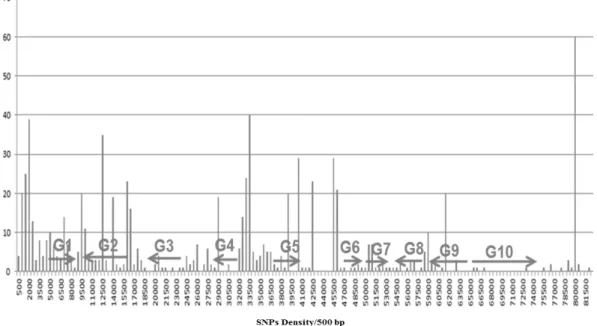 Figure 2. SNP density per 500 bp among the predicted genes and their intergenic regions