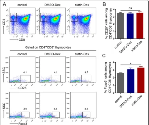 Fig. 3 Statin-Dex promoted thymic nFoxp3+ Treg cell differentiation. a The representative gating strategy of CD4, CD8, and representative dotplots of CD25 expression, and Foxp3 expression are shown