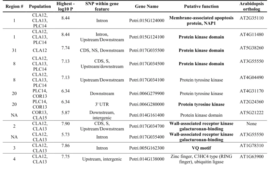 Table 2 Genomic location and putative functions SNP containing genes and of genes adjacent to SNPs associated with bark texture identified  by genome-wide association study (GWAS)